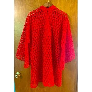 La Vie Style House Red Lace Mini Caftan Cover-Up One Size
